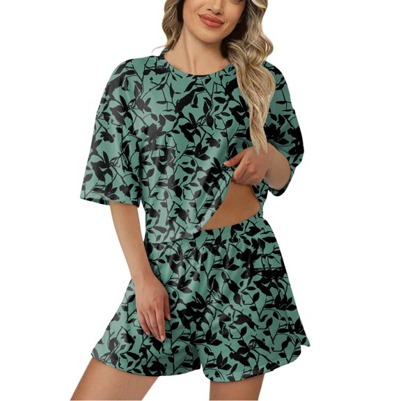 Womens Pajama Set Casual Short Sleeve Loose Shorts Printed Sleepwear,Dark Green,2XLL