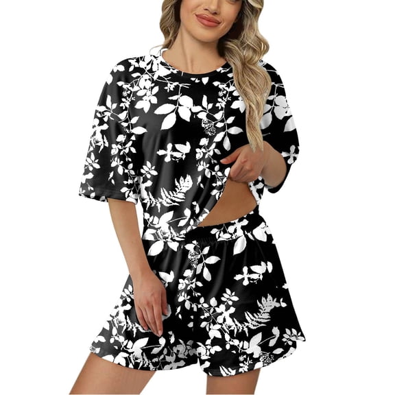 Womens Pajama Set Casual Short Sleeve Loose Shorts Printed Womens Sleepwear,Black,L