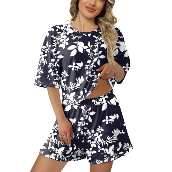 Womens Pajama Set Casual Short Sleeve Loose Shorts Printed Womens Sleepwear,Navy,XL