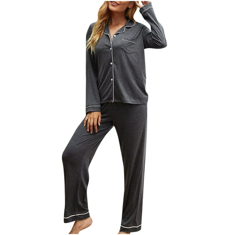 Womens Pajama Set Comfy Lapel Long Sleeve Imitation Silk Button Down  Lightweight Nightgown Sleepwear Pjs
