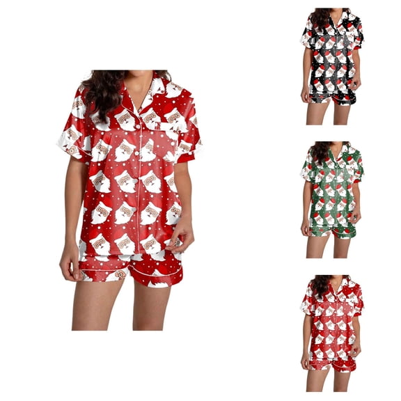 Womens Pajama Set – Cotton Pajama Shorts for Summer Women's Casual Christmas Print Pajama Set Silk Satin Short Sleeve Button Up Top And Shorts Set