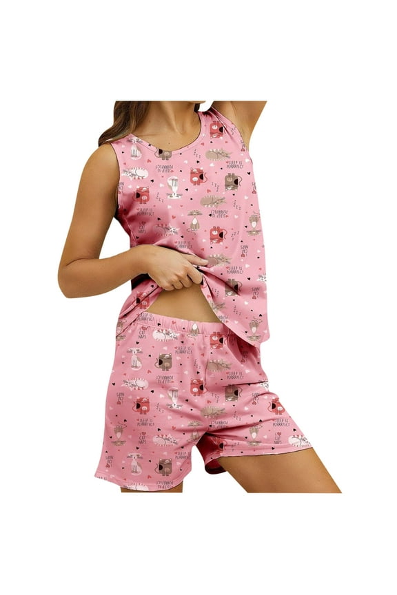 Womens Pajama Set Cotton Sleepwear Tank & Short Pajamas Sets Fun Prints 2 Piece Pjs