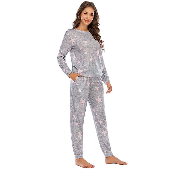 Womens Pajama Set Long Sleeve Sleepwear Star Print Nightwear Soft Pjs Lounge Sets with Pockets