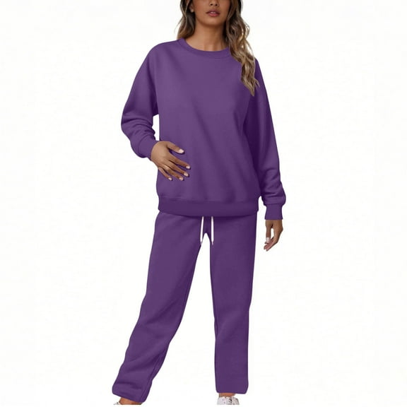 Womens Pajama Set New Women's Sweatsuits 2 Piece Outfits Loungewear Matching Sets Casual Sweatshirts Wide Leg Sweatpants Tracksuit Purple M