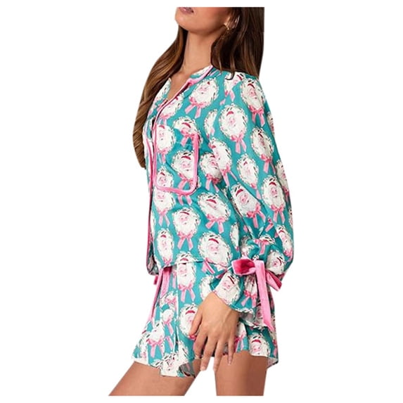 Womens Pajama Set Trendy Christmas Bow Print Button Down Short Sleeve Shorts Set Sleepwear,S,Blue