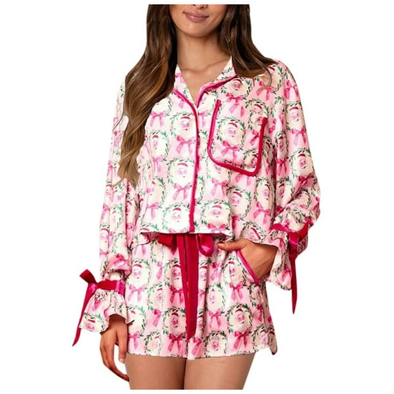 Womens Pajama Set Trendy Christmas Bow Print Button Down Short Sleeve Shorts Set Sleepwear,XL,Red