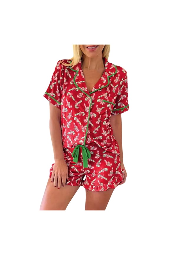 Womens Pajama Set Trendy Christmas Candy Cane Print Button Down Short Sleeve Shorts Set Sleepwear,RD1,S