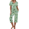 thumbnail image 1 of Womens Pajama Set Trendy Printed V Neck Loungewear Short Sleeved Tops And Pants Set Casual Cozy Sleepwear With Pockets Green S, 1 of 7