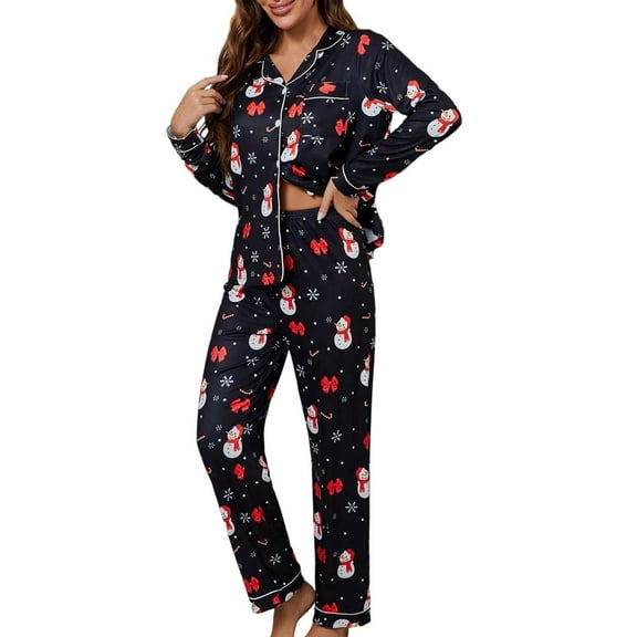 Womens Pajama Set Trendy V Neck Button Christmas Print Long Sleeve Flannel with Long Pants Set Women's Sleepwear