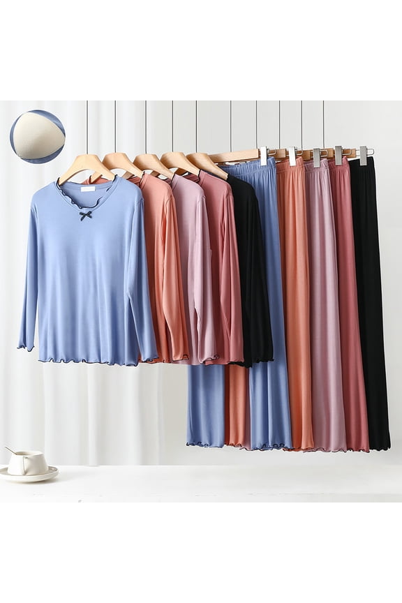 Womens Pajama Set with Built In Bra Long Sleeve Top and Pants Summer Sleepwear