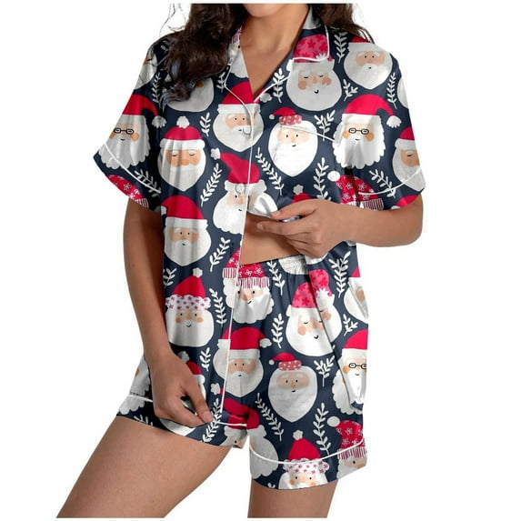Womens Pajama Sets 2 Piece Christmas Short Sleeve Sleepwear Pattern Print Cute Button Top Shorts Silk Satin Pajama Set