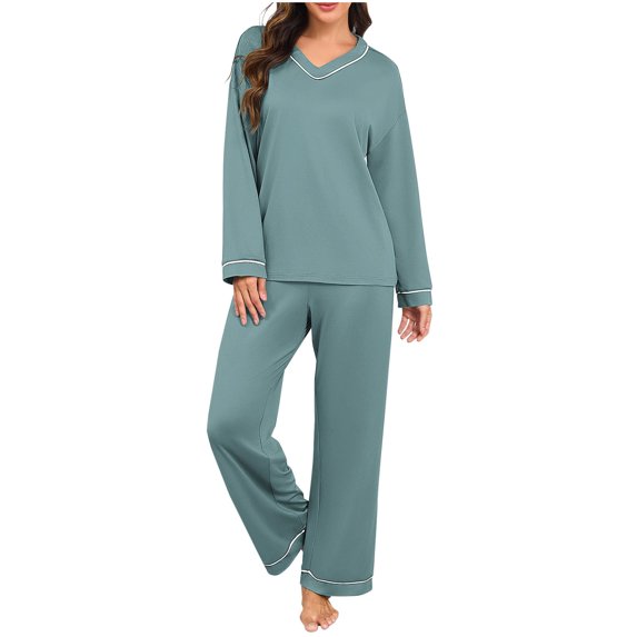 Womens Pajama Sets 2 Piece Lounge Sets for Women V Neck Long Sleeve Top and Elastic Waist Loose Fit Pants (XXL, Mint Green)