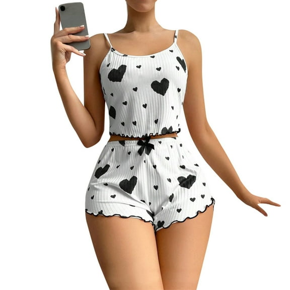 Womens Pajama Sets 2-Piece Loungewear Short Sleeve V Neck Shirts Homewear Shorts Black, L