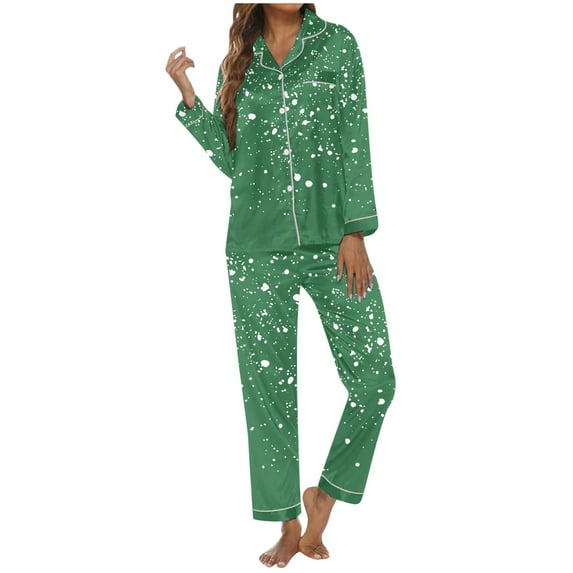 Womens Pajama Sets – 2 Piece Loungewear for Women Minimalist Sleepwear Style for Work-from-Home or Spa Days Women's Christmas Printed Button Pocket Long Sleeved Pants Home Sleepwear Set