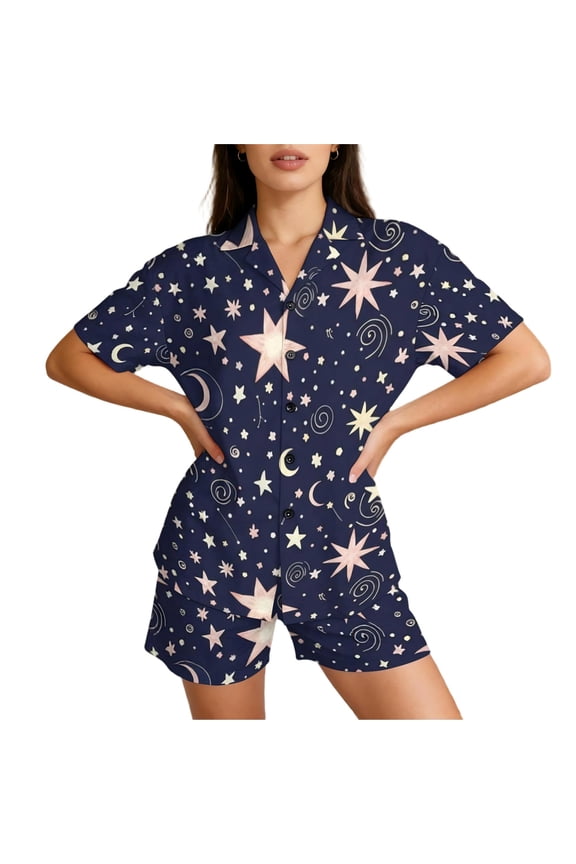 Womens Pajama Sets 2 Piece, Pajamas for Women Set Short Sleeve V Neck Button Down Pajama Set, Cute Animal Star Moon Print Sleepwear Lounge Homewear with Shorts S-3XL