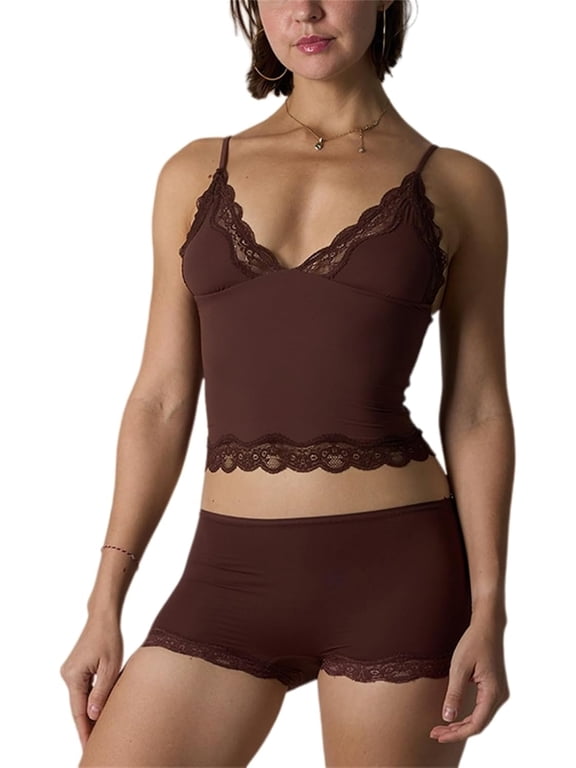 Womens Pajama Sets 2 Piece Short Cute Cami Pj Shorts Set Soft V Neck Lace Trim Nightwear with Adjustable Straps