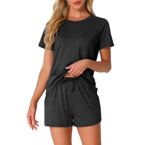 INSPIRE CHIC Women's Pajama Sets 2 Piece Short Sleeve Top and Shorts Loungewear Sleepwear with Pockets XS Black