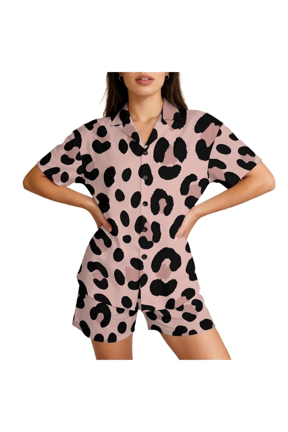 Womens Pajama Sets 2 Piece, V Neck Button Down Short Sleeve Pajamas for Women, Soft Polyester Homewear Lounge Set, Leopard Zebra Print Sleepwear S-3XL