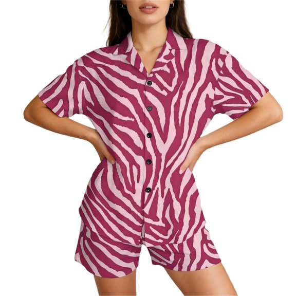 Womens Pajama Sets 2 Piece, V Neck Button Down Short Sleeve Pajamas for Women, Soft Polyester Homewear Lounge Set, Leopard Zebra Print Sleepwear S-3XL