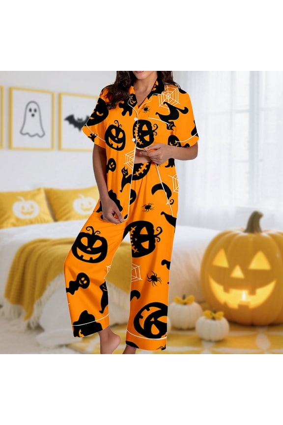Womens Pajama Sets 2 Pieces Halloween Fall Warm Pumpkin Printed Short Sleeve Button Down Shirts Long Pants Lounge Set Comfy Lightweight Smoothing Loose Halloween Pajamas Orange XXL