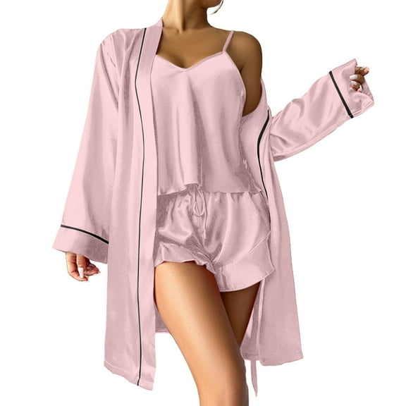 Womens Pajama Sets 3 Piece Pyjamas Long Nightdress Robe Set Top Shorts Sets Sleepwear With Chest Elegant Pyjamas Leisure Suit Loungewear Bathrobe Pajama Sets Women