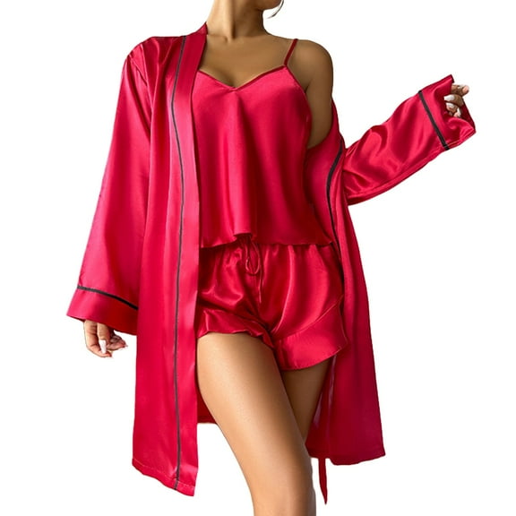 Womens Pajama Sets 3 Piece Pyjamas Long Nightdress Robe Set Top Shorts Sets Sleepwear With Chest Elegant Pyjamas Leisure Suit Loungewear Bathrobe Pajama Sets Women