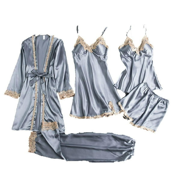 Womens Pajama Sets 5PCS Silk Pajamas for Women Cami Sleepwear Loungewear Satin Pajamas Sets Built-in Bra
