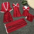 thumbnail image 1 of Womens Pajama Sets 5Pcs Silk Pajamas For Women Comfortable Solid Color Lace Suspenders Pajamas Dress Home Clothes Suit Red XXXL, 1 of 7