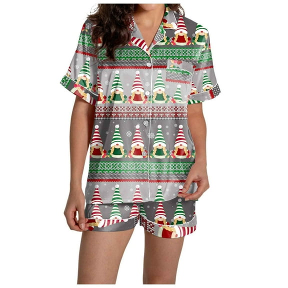 Womens Pajama Sets – Boho Loungewear Sets & Pajamas for Women Set Women's Casual Christmas Print Pajama Set Silk Satin Short Sleeve Button Up Top And Shorts Set