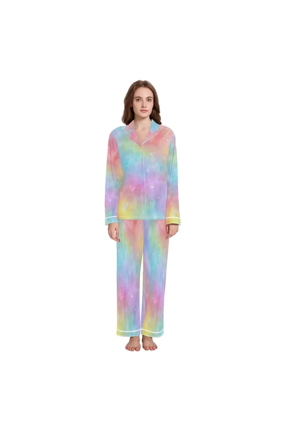 Womens Pajama Sets Button Down Lounge Set Soft Comfy Pajamas Set Pastel Rainbow Tie-dye