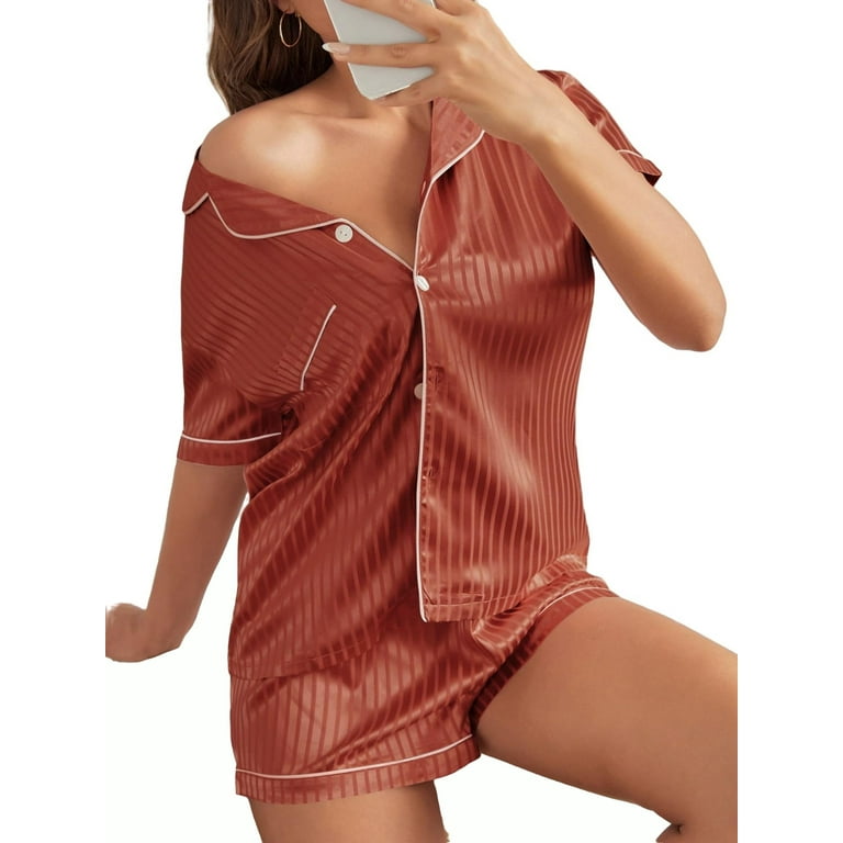 Womens Pajama Sets Button Front Lapel Sleepwear Burnt Orange M Walmart
