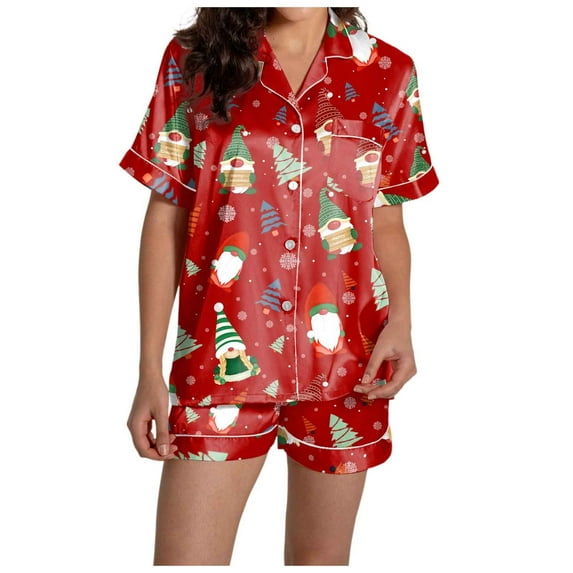 Womens Pajama Sets – Button Pajamas for Women Set Ideal for Any Season Women's Casual Christmas Print Pajama Set Silk Satin Short Sleeve Button Up Top And Shorts Set