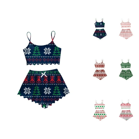 Womens Pajama Sets – Button Pajamas for Women Set Ideal for Any Season Women's Classic Christmas Print Sleeveless Top & Shorts Pajama Set 2 Piece Wear
