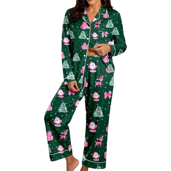 Womens Pajama Sets Button Up Pjs 2 Piece JIANLAI Women's Christmas Printed Notch Collar Pajama Set Button Down Long Sleeve Top and Long Pants Loungewear Outfit Soft Casual Sleepwear