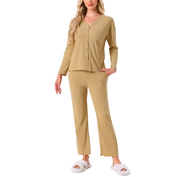 Womens Pajama Sets Button Up Long Sleeve V-Neck Loungewear Elastic Waist Pants 2 Pieces with Pockets L Yellow