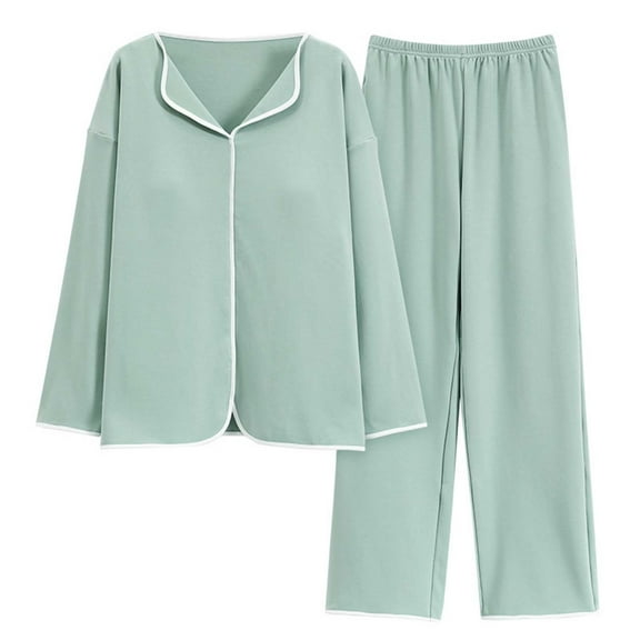 Womens Pajama Sets Casual Built-In Bra Padded Sleepwear 2 Piece Soft Long Sleeve Tops Elastic Waist Lounge Pants Women's Petite Pajama Set Petite Length Tunic Top Wide Leg Pants Mint Green M