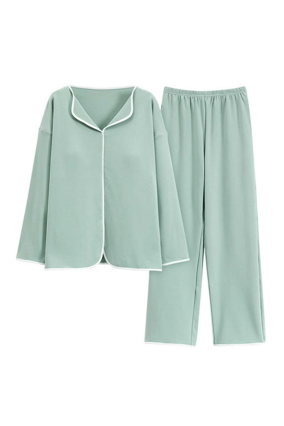 Womens Pajama Sets Casual Built-In Bra Padded Sleepwear 2 Piece Soft Long Sleeve Tops Elastic Waist Lounge Pants Women's Petite Pajama Set Petite Length Tunic Top Wide Leg Pants Mint Green L