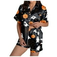 thumbnail image 1 of Womens Pajama Sets Casual Print with Silk Satin Short Sleeve Buttoned Top and Shorts Set Black Lounge Sets for Women XL, 1 of 6
