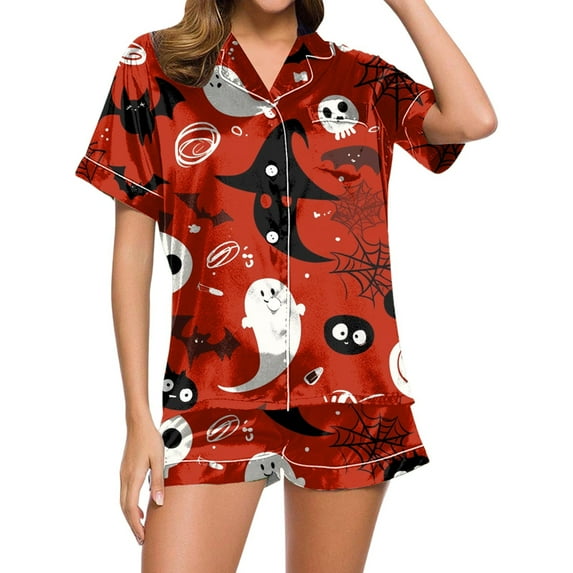 Womens Pajama Sets Comfortable Home Leisure Stylish Halloween Printed Shorts Outfits Easy Care Relaxed Fit Sleepwear Loungewear Nightwear Nightclothes Homewear