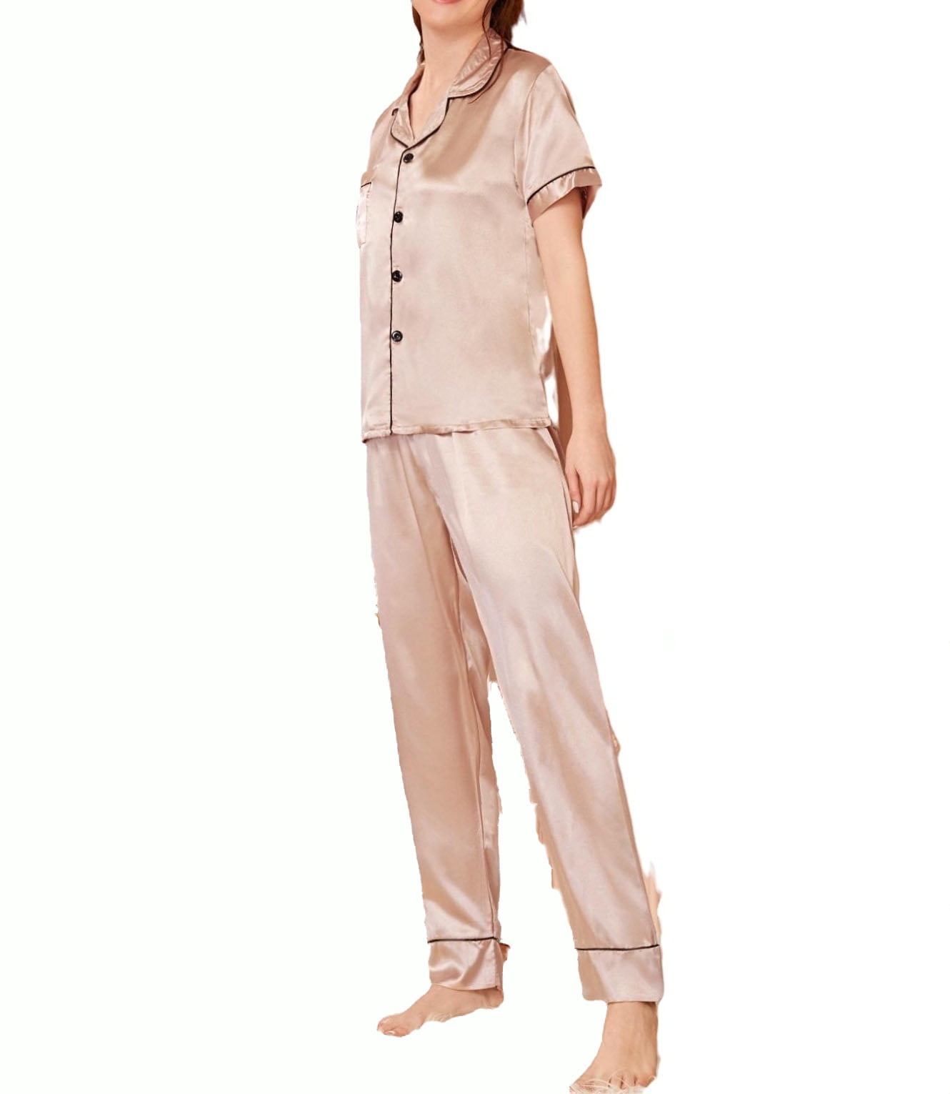 Womens Pajama Sets Contrast Binding Lapel Sleepwear Champagne XL