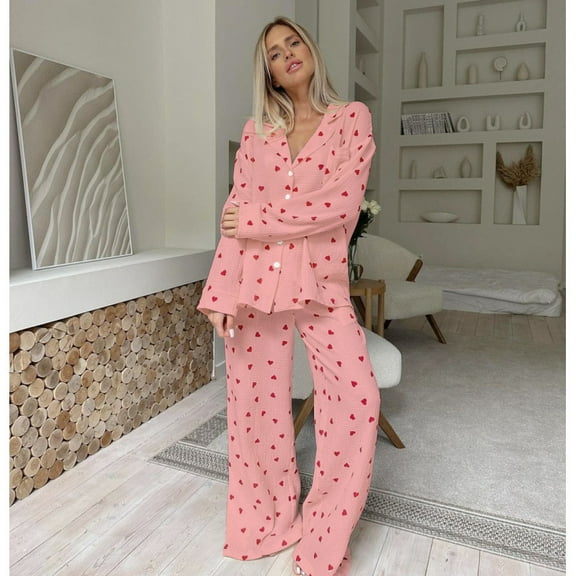 Womens Pajama Sets Cotton Pj Set Cute Heart Print Long Sleeve Button Down Shirt With Long Pants