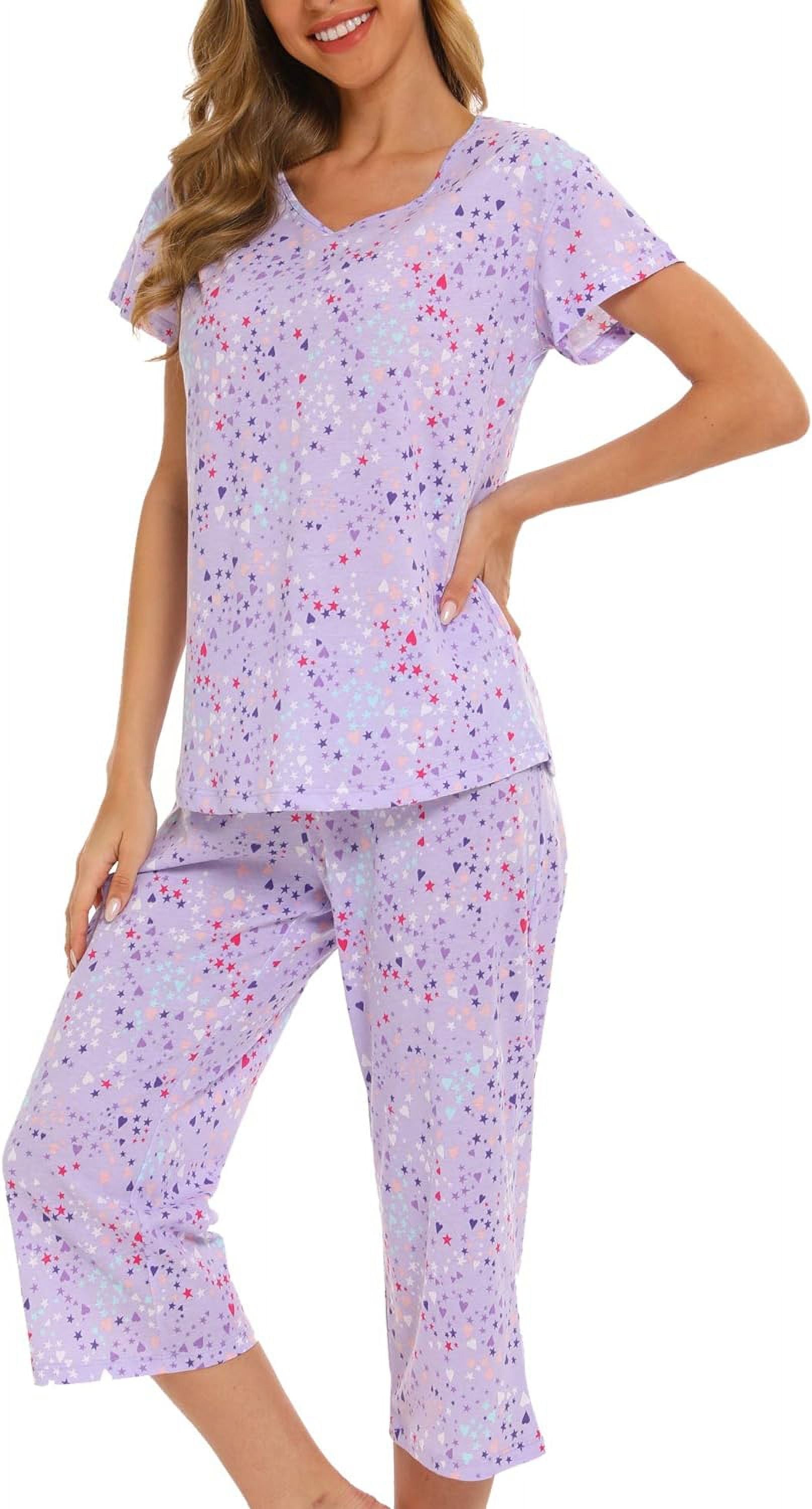 Womens Pajama Sets Cotton Lounge Set Pj Set 2 Piece Short Sleeve Tops ...