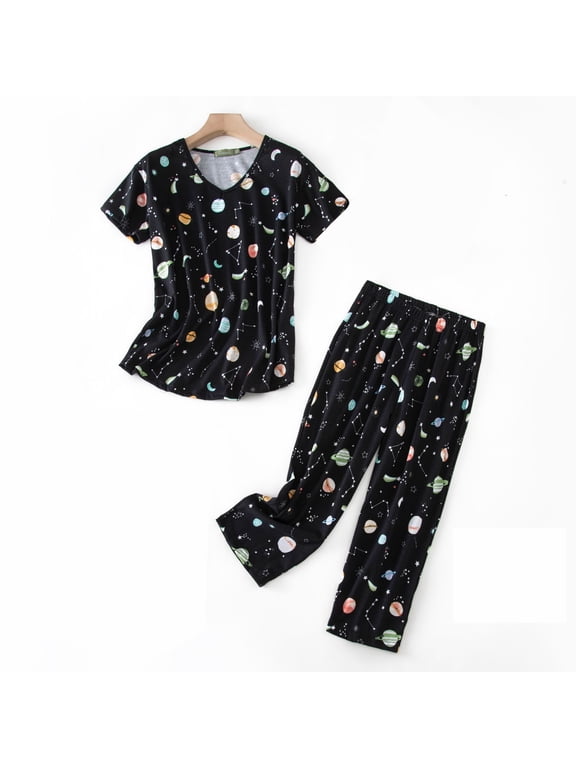 Womens Pajama Sets Cotton Pj Set Short Sleeve Top With Capri Pants Sleepwear 2 Piece Lounge Set Black XL