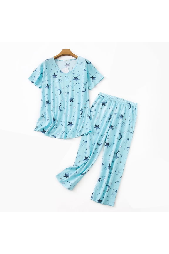 2 Piece Pajamas Plus Size for Woman Set Capri Pajamas for Woman Soft Cotton Sleepwear Top and Capri Pants Green Star 2XL