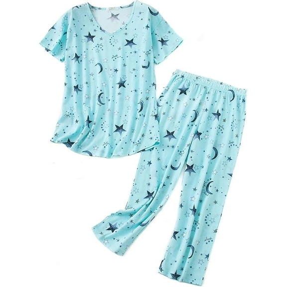 Women's Cotton Pajama Sets 2 Piece - Short Sleeve Cartoon Print Top with Capri Pants Sleepwear Lounge Set Green Star M