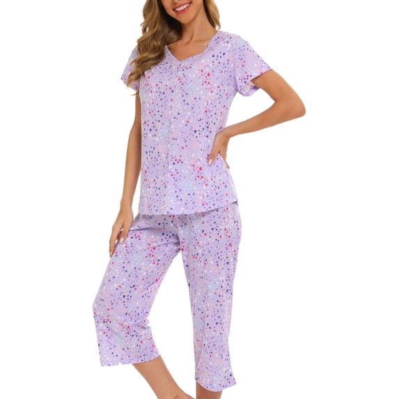 MLDRA Womens Pajama Sets 2 Piece Cotton Lounge Set Lightweight Pj Set Short Sleeve Tops With Capri Pants Cute Ladies Sleepwear Fall Set