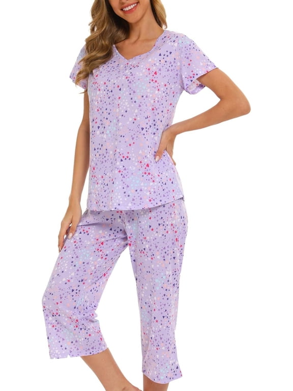 Womens Pajama Sets 2 Piece Cotton Lounge Set Lightweight Pj Set Short Sleeve Tops With Capri Pants Cute Ladies Sleepwear Fall Set