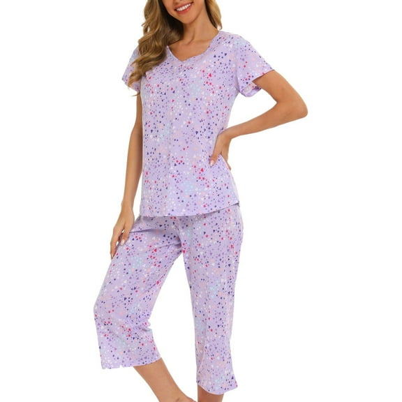 MLDRA Womens Pajama Sets 2 Piece Cotton Lounge Set Lightweight Pj Set Short Sleeve Tops With Capri Pants Cute Ladies Sleepwear Summer Set