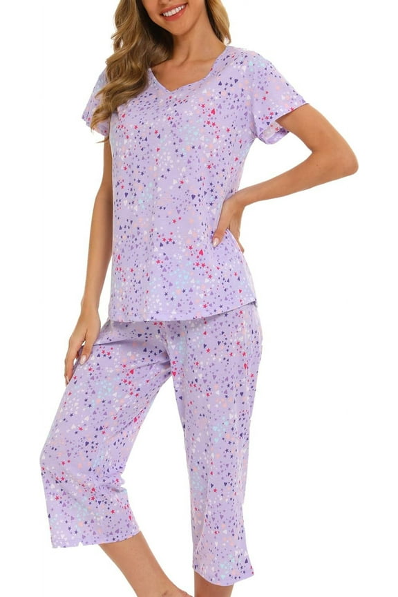 Womens Pajama Sets 2 Piece Cotton Lounge Set Lightweight Pj Set Short Sleeve Tops With Capri Pants Cute Ladies Sleepwear Summer Set