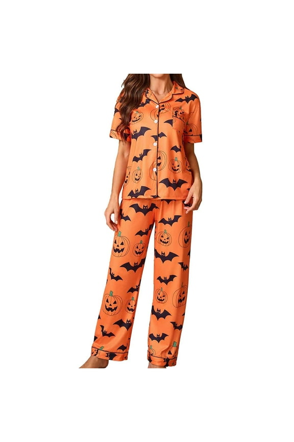 Womens Pajama Sets Cozy Nights Halloween Stylish Cardigan Print Short Sleeve Shirt Long Pants Comfortable Sleepwear Loungewear Nightwear Nightclothes Homewear